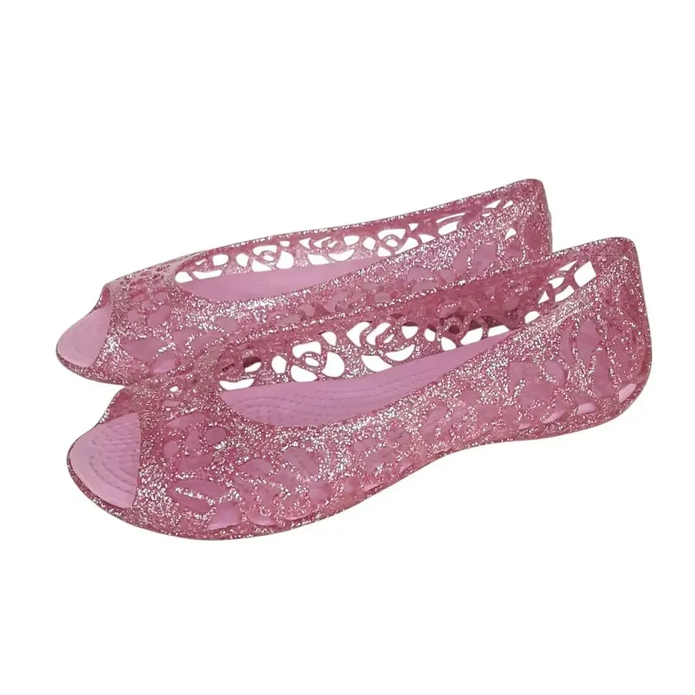 Crocs Isabella Gel Sandals Girls 1 Peep Toe Jelly Ballet Flats Pink Glitter Shoe